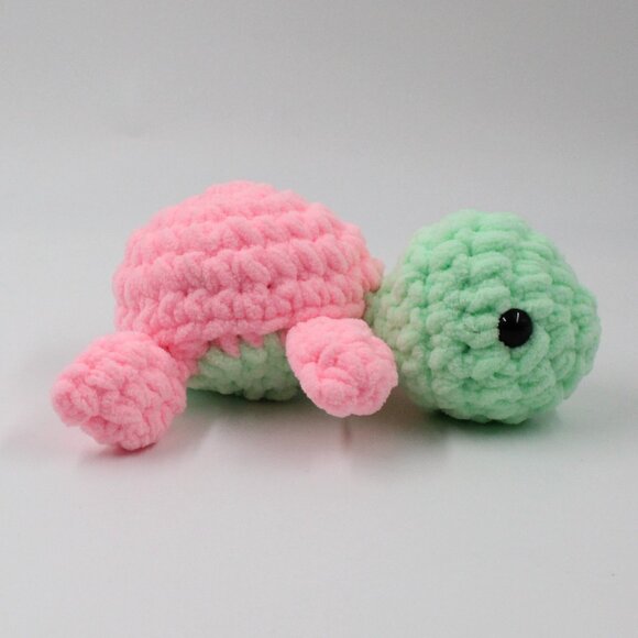 Plush Polyester Pink and Green Crochet Amigurumi Turtle - Picture 2 of 6